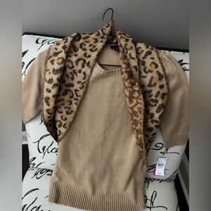BCX Tan Sweater with golden hues and leopard infinity scarf size L 12-14